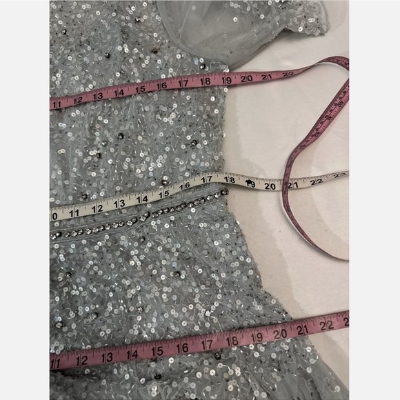 NWT $598 Mac Duggal [ 14 ] Cape Sleeve Beaded Tea A-Line Dress Powder Blue‎ - Picture 4 of 16